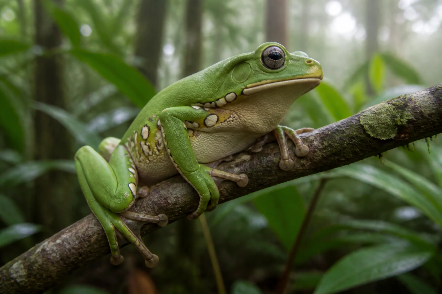 Illustrative view of the giant monkey frog, Phyllomedusa bicolor, resting on a rainforest branch
