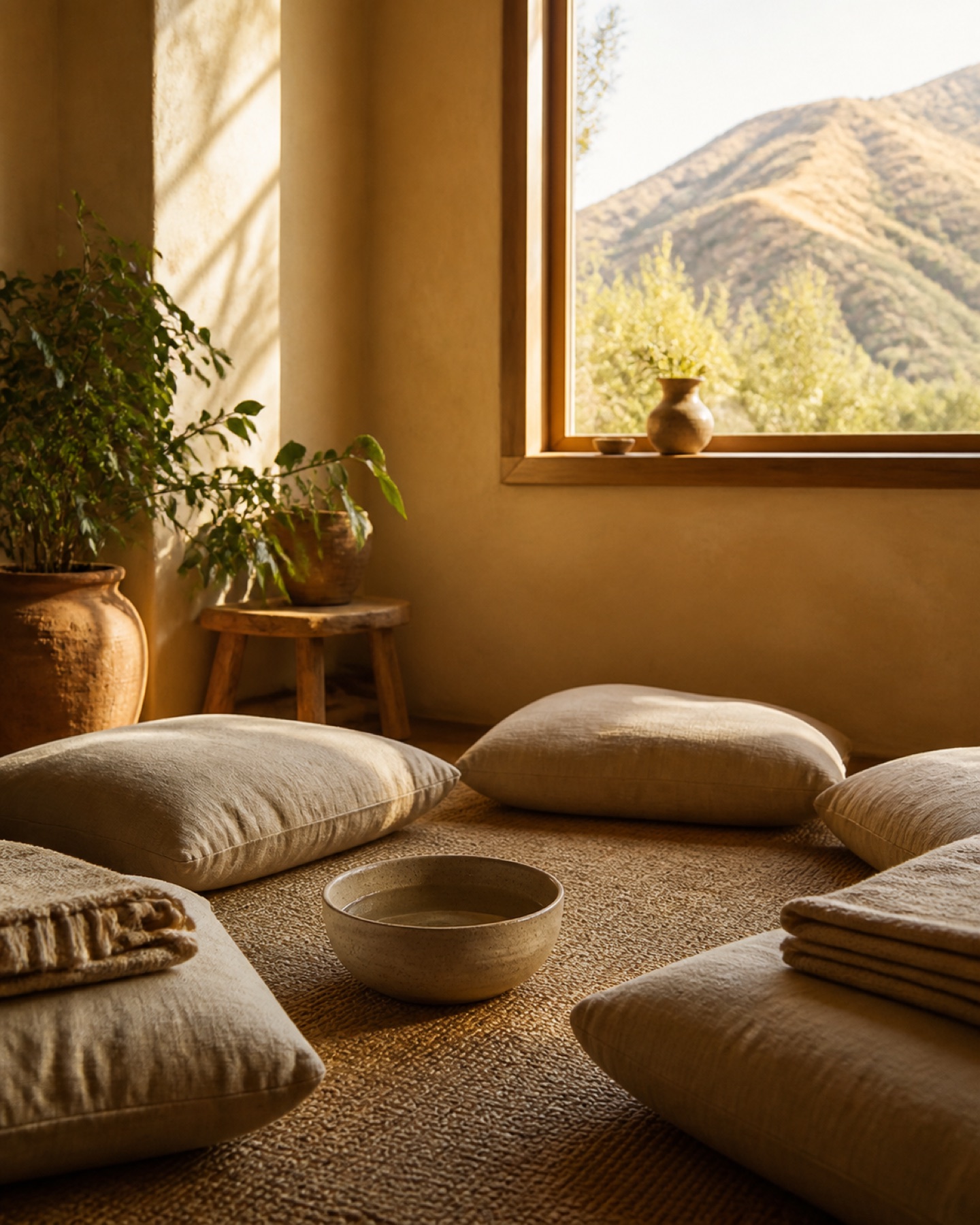 A warm, quiet ceremonial room with natural linen cushions and Utah foothills beyond the window