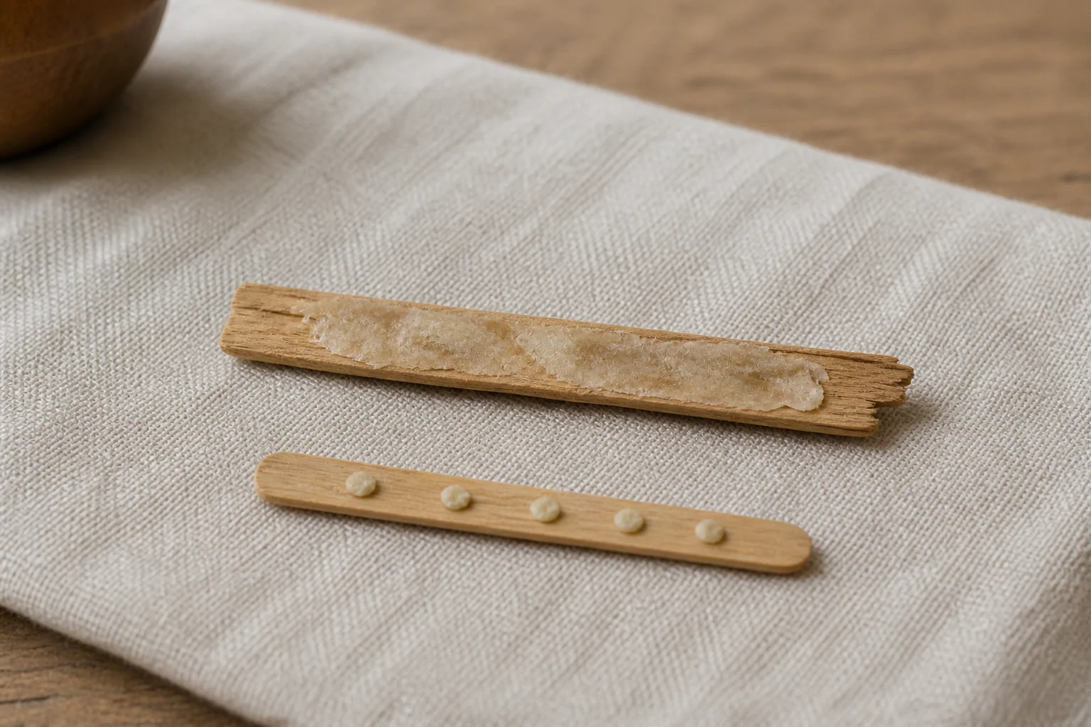 Illustrative close view of dried Kambo secretion on a narrow wooden carrier and five pale prepared portions on an application stick